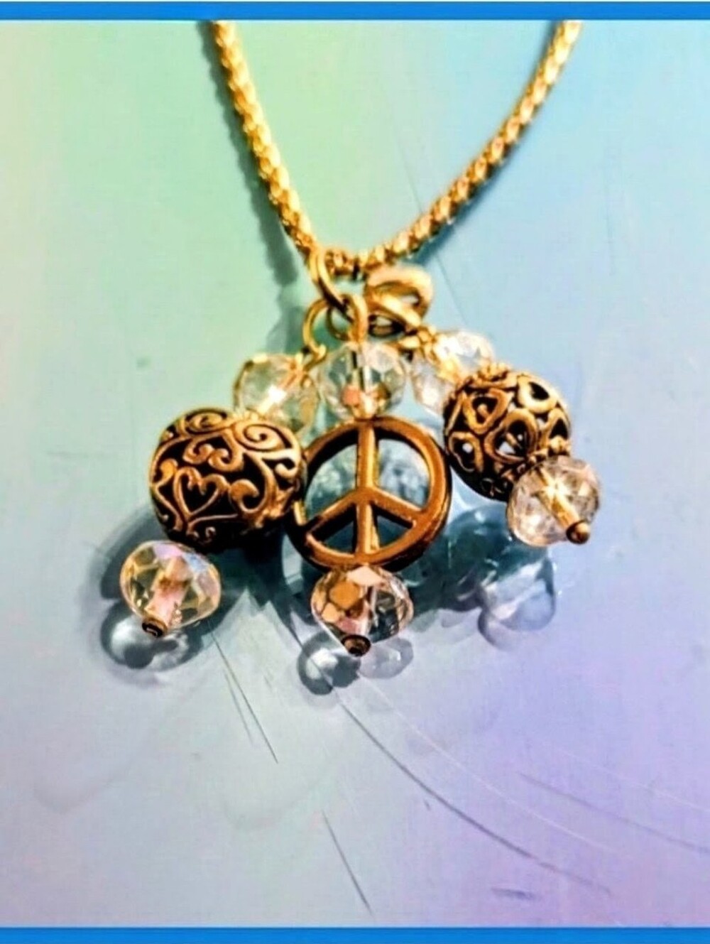 Peace Sign Necklace 19in 925 Silver Chain  Pendant Heart Clear Crystal Accents